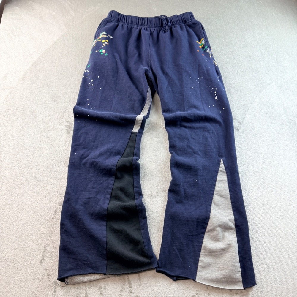 mnml Men's XL Navy Blue Paint Splatter Flare Sweatpants Raw Hem Flare Sweatpants